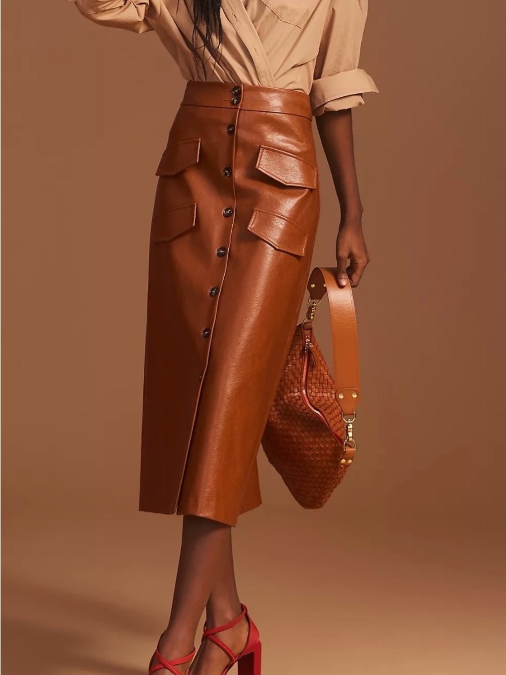 Anthropologie Cognac Faux Leather Button-Front Midi Skirt